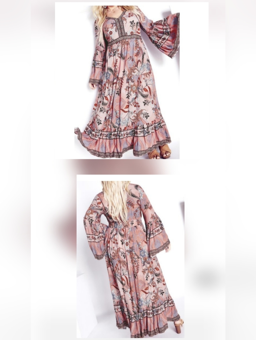 Boho Floral Maxi Dress in Blush and Rust